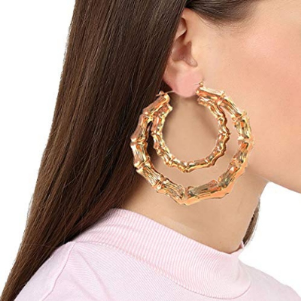 Vintage Gold Plated Large Bamboo Hoop Earrining